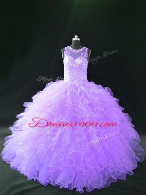 Hot Sale Floor Length Lace Up 15 Quinceanera Dress Lavender for Sweet 16 and Quinceanera with Beading and Ruffles