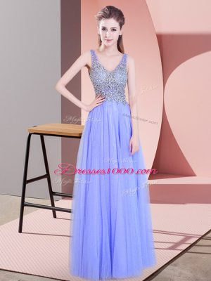 Lavender Tulle Zipper V-neck Sleeveless Floor Length Prom Dresses Beading