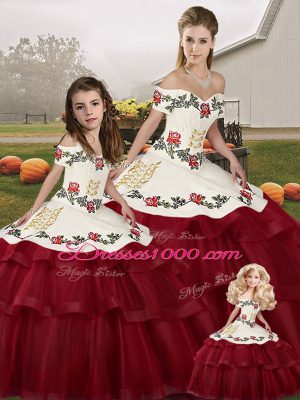 Embroidery and Ruffled Layers 15 Quinceanera Dress Wine Red Lace Up Sleeveless Brush Train