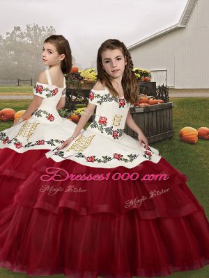 Embroidery and Ruffled Layers 15 Quinceanera Dress Wine Red Lace Up Sleeveless Brush Train