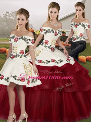 Tulle Off The Shoulder Sleeveless Brush Train Lace Up Embroidery and Ruffled Layers Quinceanera Gowns in Wine Red