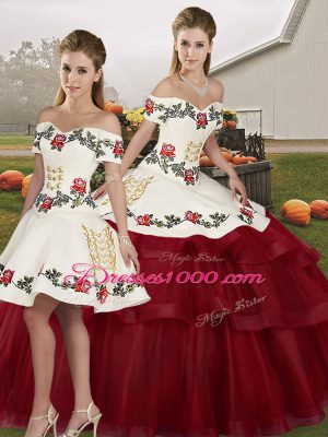 Tulle Off The Shoulder Sleeveless Brush Train Lace Up Embroidery and Ruffled Layers Quinceanera Gowns in Wine Red