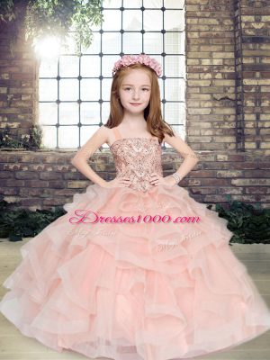 Cute Sleeveless Lace Up Floor Length Beading and Ruffles Little Girls Pageant Gowns