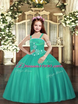 Turquoise Tulle Lace Up Straps Sleeveless Floor Length Party Dress Wholesale Beading