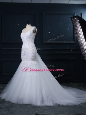 Noble White Wedding Dresses Straps Sleeveless Brush Train Side Zipper