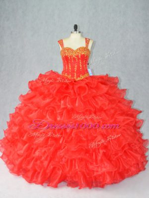 Fantastic Straps Sleeveless Quinceanera Dresses Floor Length Beading and Ruffles Red Organza