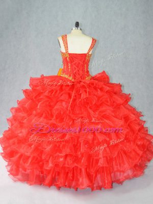 Fantastic Straps Sleeveless Quinceanera Dresses Floor Length Beading and Ruffles Red Organza