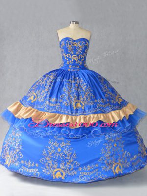 Blue Lace Up 15th Birthday Dress Embroidery and Bowknot Sleeveless Floor Length