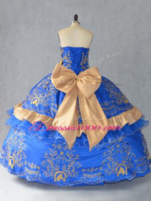 Blue Lace Up 15th Birthday Dress Embroidery and Bowknot Sleeveless Floor Length