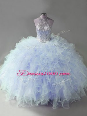 Modern Lavender Ball Gowns Beading and Ruffles Quinceanera Dress Lace Up Tulle Sleeveless Floor Length