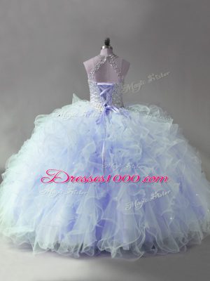 Modern Lavender Ball Gowns Beading and Ruffles Quinceanera Dress Lace Up Tulle Sleeveless Floor Length