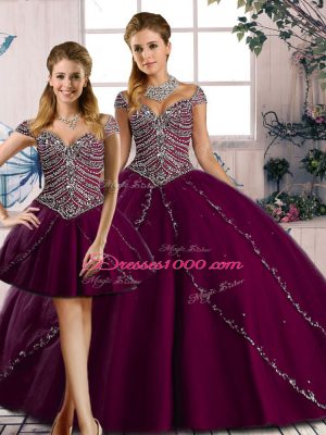 Sweetheart Cap Sleeves Quinceanera Dresses Brush Train Beading Purple Tulle