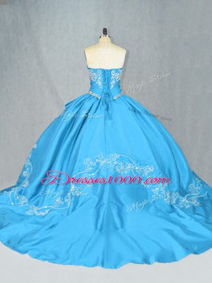 Fancy Sweetheart Sleeveless Sweet 16 Dress Court Train Embroidery Baby Blue Satin and Tulle