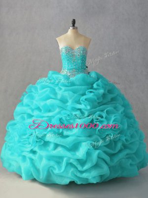 Low Price Sweetheart Sleeveless Quinceanera Dresses Floor Length Beading and Pick Ups and Hand Made Flower Aqua Blue Organza
