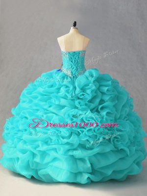 Low Price Sweetheart Sleeveless Quinceanera Dresses Floor Length Beading and Pick Ups and Hand Made Flower Aqua Blue Organza