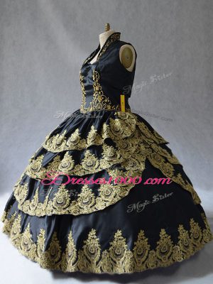 Simple Black Sleeveless Floor Length Embroidery Lace Up Quinceanera Dresses