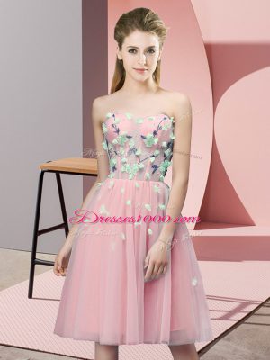 Pink Empire Appliques Dama Dress for Quinceanera Lace Up Tulle Sleeveless Knee Length