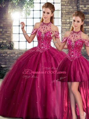 Exquisite Fuchsia Ball Gown Prom Dress Military Ball and Sweet 16 and Quinceanera with Beading Halter Top Sleeveless Brush Train Lace Up