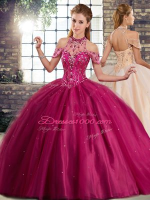 Exquisite Fuchsia Ball Gown Prom Dress Military Ball and Sweet 16 and Quinceanera with Beading Halter Top Sleeveless Brush Train Lace Up