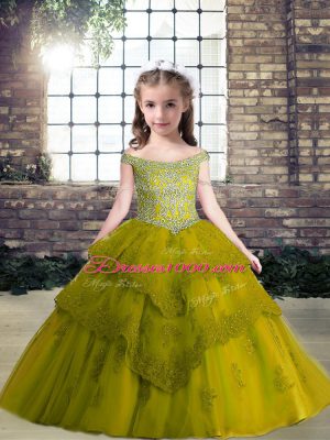 Custom Fit Olive Green Ball Gowns Tulle Off The Shoulder Sleeveless Beading and Appliques Floor Length Lace Up Party Dress for Toddlers