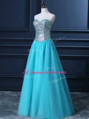 Admirable Sleeveless Floor Length Beading Zipper Pageant Dress with Aqua Blue