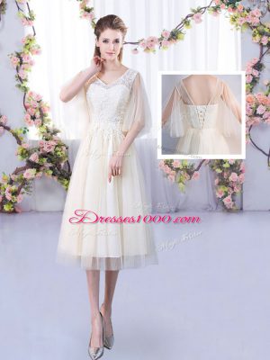 Fitting Champagne Lace Up Dama Dress Lace Half Sleeves Tea Length