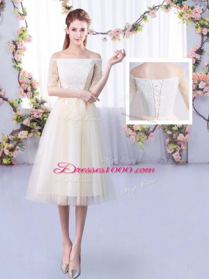 Fitting Champagne Lace Up Dama Dress Lace Half Sleeves Tea Length