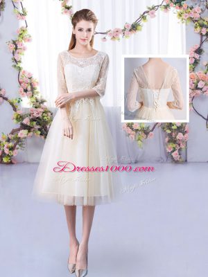 Fitting Champagne Lace Up Dama Dress Lace Half Sleeves Tea Length