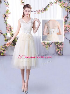 Fitting Champagne Lace Up Dama Dress Lace Half Sleeves Tea Length