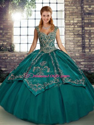 Dynamic Sleeveless Floor Length Beading and Embroidery Lace Up Quinceanera Gowns with Teal