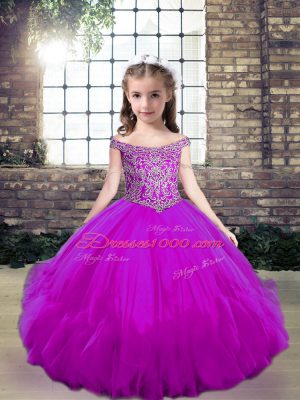 Fuchsia Lace Up Off The Shoulder Beading Little Girls Pageant Gowns Tulle Sleeveless