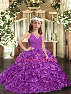 Purple V-neck Zipper Ruffles and Ruching Little Girls Pageant Gowns Sleeveless