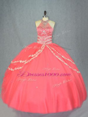 Halter Top Sleeveless Lace Up 15 Quinceanera Dress Watermelon Red Tulle