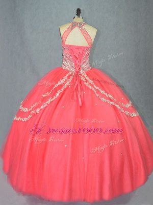 Halter Top Sleeveless Lace Up 15 Quinceanera Dress Watermelon Red Tulle