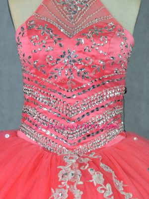 Halter Top Sleeveless Lace Up 15 Quinceanera Dress Watermelon Red Tulle