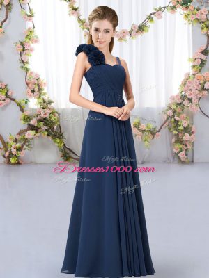 Flare Navy Blue Empire Straps Sleeveless Chiffon Floor Length Lace Up Hand Made Flower Dama Dress