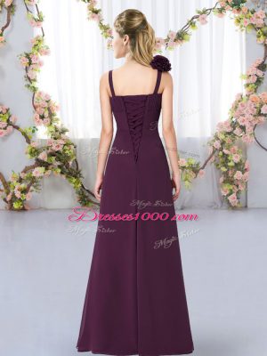 Flare Navy Blue Empire Straps Sleeveless Chiffon Floor Length Lace Up Hand Made Flower Dama Dress