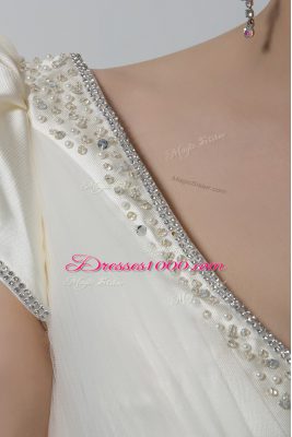 Ideal V-neck Short Sleeves Tulle Wedding Dresses Beading and Appliques and Bowknot Lace Up