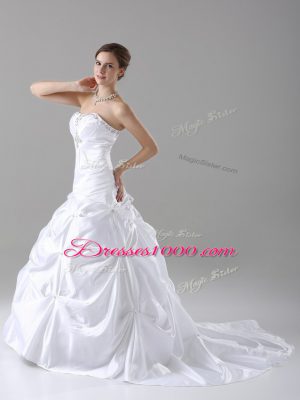 Strapless Sleeveless Bridal Gown Brush Train Beading and Pick Ups White Taffeta