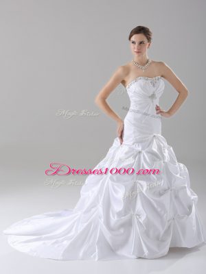 Strapless Sleeveless Bridal Gown Brush Train Beading and Pick Ups White Taffeta