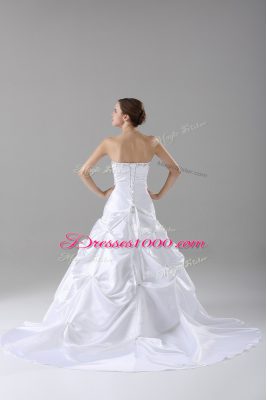 Strapless Sleeveless Bridal Gown Brush Train Beading and Pick Ups White Taffeta