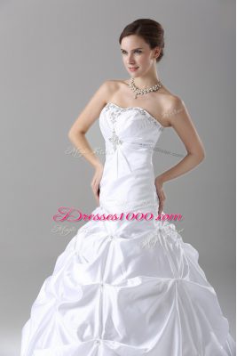 Strapless Sleeveless Bridal Gown Brush Train Beading and Pick Ups White Taffeta