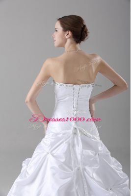 Strapless Sleeveless Bridal Gown Brush Train Beading and Pick Ups White Taffeta