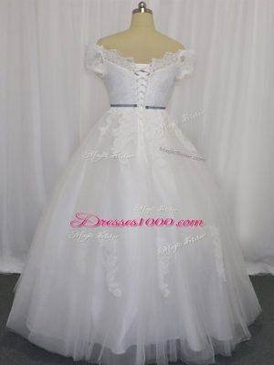 Artistic White Short Sleeves Floor Length Lace and Belt Lace Up Wedding Gown