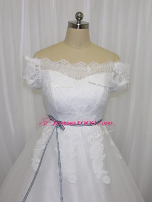 Artistic White Short Sleeves Floor Length Lace and Belt Lace Up Wedding Gown