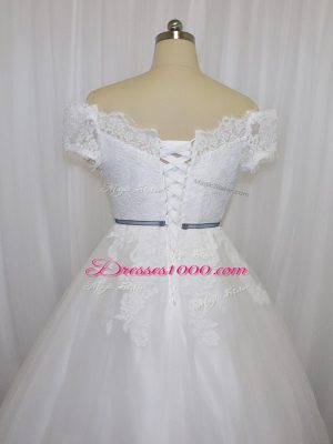 Artistic White Short Sleeves Floor Length Lace and Belt Lace Up Wedding Gown