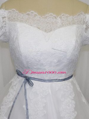 Artistic White Short Sleeves Floor Length Lace and Belt Lace Up Wedding Gown