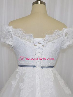 Artistic White Short Sleeves Floor Length Lace and Belt Lace Up Wedding Gown