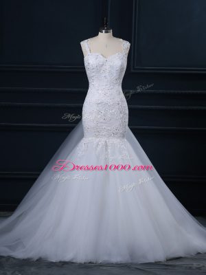 White Tulle Side Zipper Straps Sleeveless Bridal Gown Watteau Train Lace