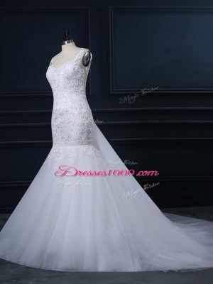 White Tulle Side Zipper Straps Sleeveless Bridal Gown Watteau Train Lace